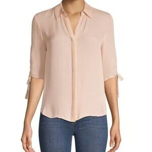 L'AGENCE Isa Shirred Sleeve Silk Blouse Peachy Pink Size M